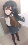  :o arm_warmers asashio_(kantai_collection) back backpack bag bangs black_hair blue_eyes brown_footwear brown_legwear door doorknob eyebrows_visible_through_hair from_behind full_body gloves hair_between_eyes hands hands_up kantai_collection loafers long_hair looking_at_viewer looking_back miniskirt nagami_yuu open_mouth out_of_frame pantyhose pleated_skirt pov pov_hands randoseru school_uniform shirt shoes short_sleeves skirt smile solo_focus standing suspenders thighhighs tile_floor tiles white_gloves 