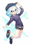  arm_up baseball_cap bike_shorts blue_eyes blue_hair blue_shirt domino_mask fang hand_on_headwear hat highres inkling jumping mask open_mouth pointy_ears shirt shoes short_hair shorts smile sneakers solo splatoon_(series) sprbouuz tentacle_hair 