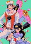  1girl absurdres arm_holding black_hair blue_dress blue_eyes brother_and_sister bubble child collarbone dress groin hand_on_another's_arm hand_on_hip hat highres jojo_no_kimyou_na_bouken jojolion killer_queen kira_yoshikage_(jojolion) long_hair md5_mismatch navel nijimura_kyou sailor sailor_hat siblings stand_(jojo) star striped striped_dress tariah_furlow time_paradox vest wavy_hair younger 