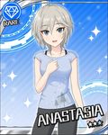  anastasia_(idolmaster) artist_request bangs blue_background blue_eyes blush card_(medium) character_name collarbone diamond_(symbol) earrings eyelashes hair_between_eyes hand_on_own_chest idolmaster idolmaster_cinderella_girls jewelry looking_at_viewer official_art open_mouth pants short_hair short_sleeves silver_hair smile solo 