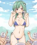  6+boys arm_up bare_arms bikini blue_eyes blush breasts breasts_apart camera clenched_hand collarbone cowboy_shot day double_v eyebrows_visible_through_hair frog frog_hair_ornament green_hair hair_ornament hair_over_shoulder hair_tubes hands_up holding holding_camera kochiya_sanae long_hair looking_down miyo_(ranthath) multiple_boys navel outdoors pointing pointing_up side-tie_bikini side-tie_bottom sin_sack smile snake snake_hair_ornament solo_focus standing stomach sweat swimsuit touhou v 