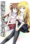  2girls blonde_hair breasts brown_hair collared_shirt couple cover doujin_cover eyes_closed fate_testarossa hair_ornament happy head_on_another&#039;s_shoulder large_breasts long_hair looking_at_another lyrical_nanoha mahou_shoujo_lyrical_nanoha mahou_shoujo_lyrical_nanoha_strikers medium_breasts multiple_girls pantyhose red_eyes ribbon skirt sleeping smile stockings takamachi_nanoha thighhighs translation_request very_long_hair yukiharu yuri 