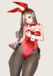  animal_ears black_legwear bow bowtie breasts brown_hair bunny_ears bunnysuit cleavage detached_collar fake_animal_ears katahira_masashi large_breasts leotard long_hair looking_at_viewer original pantyhose parted_lips red_eyes red_leotard side-tie_leotard solo wrist_cuffs 