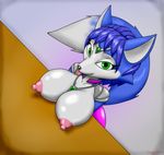  2017 big_breasts blue_fur blue_hair breasts canine chameloshi clothing erect_nipples female fox fur green_eyes hair high-angle_view jewelry krystal looking_at_viewer mammal necklace nintendo nipples smile solo star_fox tongue tongue_out video_games white_fur 