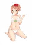  arm_at_side ass_visible_through_thighs bangs bare_arms bare_legs bare_shoulders barefoot bikini blush bow bow_bikini breasts brown_hair cleavage collarbone eyebrows_visible_through_hair flower frilled_bikini_bottom frills full_body green_bow groin hair_flower hair_ornament hand_up highres looking_at_viewer medium_breasts navel neko_li original red_flower side-tie_bikini side_ponytail simple_background sitting smile solo stomach swimsuit wariza white_background white_bikini yellow_eyes 