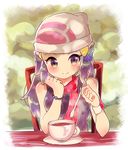  1girl artist_request bare_shoulders beanie black_shirt blue_eyes blue_hair blush border bracelet breasts chair drink green_background hair_ornament hairclip hands_up hat highres hikari_(pokemon) long_hair looking_at_viewer matching_hair/eyes plate pokemon pokemon_dppt red_scarf scarf shirt simple_background sitting sleeveless sleeveless_shirt small_breasts smile solo steam table teacup teaspoon tied_hair white_border white_hat wristband 