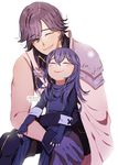  1girl blue_hair cape child closed_eyes darkgreyclouds father_and_daughter fingerless_gloves fire_emblem fire_emblem:_kakusei gloves grin hair_over_one_eye krom lucina sitting sitting_on_lap sitting_on_person smile 