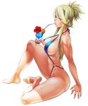  arm_support bare_legs barefoot blonde_hair blue_eyes blue_swimsuit blurry breasts cleavage criss-cross_halter curvy drink drinking_straw erect_nipples flower from_side fruit full_body hair_between_eyes halterneck highres hip_bones large_breasts lens_flare lilith-soft long_hair looking_at_viewer navel nipples o-ring o-ring_swimsuit orange orange_slice outdoors perky_breasts shiny_skin sidelocks sitting slingshot_swimsuit solo swimsuit taimanin_(series) taimanin_asagi taimanin_asagi_battle_arena tied_hair touko_von_messerschmitt zol 