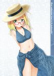  bikini blonde_hair blue_bikini blue_eyes breasts cleavage cowboy_shot english glasses hat i-8_(kantai_collection) kantai_collection looking_at_viewer low_twintails navel red-framed_eyewear sarong small_breasts smile solo standing suke_(momijigari) sun_hat swimsuit twintails 