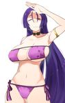  armpits bikini blush breasts cleavage cowboy_shot eyepatch_bikini fate/grand_order fate_(series) highres huge_breasts kei_(soundcross) long_hair minamoto_no_raikou_(fate/grand_order) minamoto_no_raikou_(swimsuit_lancer)_(fate) navel one_eye_closed purple_bikini purple_eyes purple_hair simple_background smile solo sweat swimsuit very_long_hair white_background 