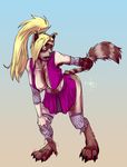  anthro blonde_hair breasts clothing female hair ino_yamanaka mammal naruto nolaf raccoon solo standing surprise tail_pull torn_clothing transformation 