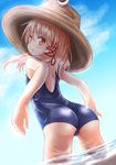  ass bangs baram bare_arms blonde_hair blue_sky brown_hat day eyebrows_visible_through_hair from_behind hair_ribbon hat long_hair looking_at_viewer looking_back moriya_suwako one-piece_swimsuit outdoors red_ribbon ribbon school_swimsuit sky solo summer swimsuit touhou tress_ribbon wading water wet yellow_eyes 