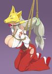  1girl ball_gag breast_bondage breasts digimon digimon_tamers fox_ears hakama helmet japanese_clothes long_hair low-tied_long_hair low_twintails mask miko muramuramurabit red_hakama ribbon-trimmed_sleeves ribbon_trim sakuyamon saliva shibari silver_hair solo 