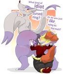  2017 anthro anus backsash big_butt blush braixen butt canine claws clothed clothing dialogue digital_media_(artwork) duo english_text female fur huge_butt inner_ear_fluff jewelry looking_back male mammal mienshao nintendo pok&eacute;mon pussy red_eyes ring simple_background size_difference smile teeth text thick_thighs video_games white_fur yellow_fur 