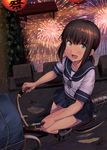  bag bicycle black_legwear blue_skirt blush brown_hair collarbone eyebrows_visible_through_hair fireworks from_above fubuki_(kantai_collection) green_eyes ground_vehicle hair_between_eyes ichikawa_feesu kantai_collection lantern looking_up night open_mouth pier pleated_skirt riding school_uniform serafuku shoes short_hair short_sleeves skirt solo water white_footwear 