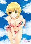  ass_visible_through_thighs bikini blonde_hair blush bracelet breasts cleavage cloud day food_print green_eyes idolmaster idolmaster_cinderella_girls jewelry large_breasts leaning_forward looking_at_viewer miyamoto_frederica navel ozaki_mirai red_bikini short_hair sky smile solo strawberry_print swimsuit 