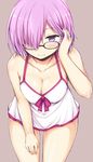  3: bangs black-framed_eyewear blush breasts brown_background cleavage closed_mouth collarbone commentary_request cowboy_shot eyebrows_visible_through_hair fate/grand_order fate_(series) glasses hair_tucking half-closed_eyes large_breasts leaning_forward lockheart looking_at_viewer mash_kyrielight purple_eyes purple_hair short_hair simple_background solo swimsuit swimsuit_of_perpetual_summer thighs white_swimsuit 