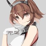  alternate_eye_color bad_id bad_pixiv_id bare_arms bare_shoulders breasts brown_eyes brown_hair gloves grey_background hair_between_eyes headgear highres kantai_collection large_breasts misteor mutsu_(kantai_collection) short_hair simple_background smile solo white_gloves 