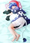  :3 baku_(creature) bangs barefoot bed_sheet between_legs bloomers blue_eyes blue_hair blush capelet closed_mouth doremy_sweet eyebrows_visible_through_hair from_side full_body hair_between_eyes hat hex_aaaane highres looking_at_viewer lying nightcap on_side pillow pom_pom_(clothes) short_hair smile solo stuffed_animal stuffed_toy tail touhou underwear 