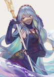  aqua_(fire_emblem_if) atelierre blue_hair dancing dress elbow_gloves fire_emblem fire_emblem_if gloves holding long_hair looking_at_viewer smile solo staff veil water 