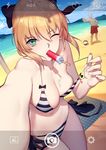  1girl absurdres archer artoria_pendragon_(all) beach bikini blonde_hair blood blue_eyes blue_sky boat breasts bulge cleavage cloud dark_skin day daye_bie_qia_lian erection erection_under_clothes fate/stay_night fate_(series) food highres ice_cream looking_at_viewer medium_breasts mountain navel nosebleed one_eye_closed outdoors phone_screen popsicle reaching_out saber_lily self_shot sky striped striped_bikini swimsuit thumbs_up watercraft white_hair 