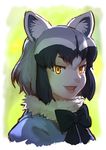  :d animal_ears black_bow black_hair black_neckwear bow bowtie common_raccoon_(kemono_friends) fang fur_collar grey_hair kemono_friends looking_at_viewer multicolored_hair open_mouth portrait raccoon_ears roonhee short_hair smile solo yellow_eyes 