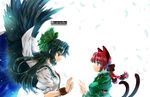  animal_ears bird_wings black_hair black_wings bow braid bright_background cape cat_ears cat_tail commentary_request dress extra_ears eye_contact facing_another feathered_wings feathers from_side green_dress hair_bow hands_up kaenbyou_rin long_hair long_sleeves looking_at_another multiple_girls multiple_tails nekomata red_eyes red_hair reiuji_utsuho shiny shiny_hair shirt short_sleeves smile standing starry_sky_print tail takana_shinno third_eye touhou twin_braids upper_teeth wings wrist_cuffs 