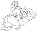  anthro barefoot black_and_white bojack_horseman breasts cat cheetah cleavage clothed clothing domination facesitting feline female female_domination grin group group_sex hair human human_on_anthro interspecies licking male mammal monochrome penis princess_carolyn redout sex smile threesome tongue tongue_out 