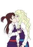  2girls arms_at_sides belt black_necktie blonde_hair blue_eyes blue_vest breast_grab brown_hair collared_shirt couple diana_cavendish eyes_closed female friends green_hair hand_on_another&#039;s_face kagari_atsuko kiss little_witch_academia long_hair long_sleeves looking_at_another multicolored multicolored_hair multiple_girls necktie one_side_up school_uniform shirt simple_background standing surprised two-tone_hair vest white_background white_shirt witch yuri 