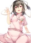  animal_ears bangs black_hair blush bunny_ears carrot_necklace cowboy_shot dress eyebrows_visible_through_hair floppy_ears hair_between_eyes hand_up inaba_tewi looking_at_viewer open_mouth pink_dress pink_eyes short_hair short_sleeves simple_background solo sugiyuu touhou white_background 