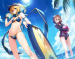  armlet artoria_pendragon_(all) ball bangs bare_shoulders beachball bikini blonde_hair blush bracelet breasts choker closed_mouth cloud collarbone day eyebrows_visible_through_hair fate/grand_order fate_(series) glasses green_eyes groin hair_between_eyes hood hoodie jewelry kodama_yuu long_hair looking_at_viewer multiple_girls mysterious_heroine_x mysterious_heroine_x_(alter) navel palm_tree ponytail scarf sidelocks sky small_breasts smile standing sun surfboard swimsuit swimsuit_under_clothes tree visor_cap wading water water_gun yellow_eyes 