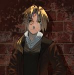  ahoge blonde_hair brick_wall conqueror_of_shambala edward_elric fullmetal_alchemist jacket korikorikori long_hair looking_at_viewer male_focus ponytail smile solo upper_body vest yellow_eyes 