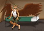  5_fingers anthro avian barefoot blue_eyes breasts brown_feathers brown_fur cervine clothed clothing deer detailed_background feathered_wings feathers female fur green_hair hair hooves hybrid mammal silvermoonfox sitting solo wings 