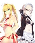  714_(leg200kr) ahoge apron artoria_pendragon_(all) artoria_pendragon_(swimsuit_rider_alter) back-to-back bangs bare_shoulders bikini black_bikini_top black_bow black_jacket black_skirt blonde_hair bow braid breasts cleavage collar criss-cross_halter expressionless eyebrows_visible_through_hair fate/extra fate/grand_order fate/stay_night fate_(series) frilled_apron frilled_bikini_top frilled_collar frilled_legwear frilled_skirt frills green_eyes hair_bow hair_bun hair_intakes halterneck hands_on_hips hips hood hoodie jacket long_hair looking_at_viewer looking_to_the_side maid_headdress medium_breasts multiple_girls navel neck_ribbon nero_claudius_(fate)_(all) nero_claudius_(swimsuit_caster)_(fate) open_clothes open_jacket pale_skin red_bikini red_bow ribbon saber_alter side-tie_bottom sideboob silver_hair simple_background skirt small_breasts smile striped striped_bikini swimsuit thighs twintails waist_apron white_background yellow_eyes 