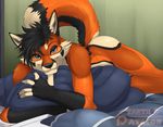  anthro bed bedroom_eyes black_fur black_hair butt canine cress fluffy fluffy_tail fox fur hair half-closed_eyes lying male mammal multicolored_fur multicolored_tail muzzle_(disambiguation) nude orange_fur raised_tail seductive simple_background smile solo tartii 