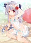  animal_ears aqua_bikini arm_over_head arm_support ball bare_legs bare_shoulders beach beachball bikini blush collarbone dog_ears dress flat_chest flower_bracelet frilled_bikini frills hair_ornament hair_ribbon hairclip koinu-chan kujou_danbo long_hair looking_at_viewer navel one_eye_closed original parted_lips red_eyes ribbon see-through silver_hair sitting solo sundress swimsuit swimsuit_pull wet wet_clothes yokozuwari 