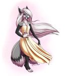  anthro barefoot breasts canine clothed clothing digitigrade dress female fox hair long_hair mammal silvermoonfox simple_background solo standing white_hair 
