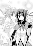  akemi_homura bangs blush breasts cheek_pinching commentary_request dress eyebrows_visible_through_hair gloves greyscale hug kaname_madoka kyubey light_smile long_hair looking_at_viewer magical_girl mahou_shoujo_madoka_magica monochrome multiple_girls nagami_yuu one_eye_closed pinching puffy_sleeves short_sleeves skirt small_breasts smile two_side_up ultimate_madoka upper_body 