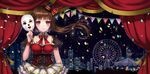  black_hat breasts brown_hair collarbone ferris_wheel hat hat_ribbon holding holding_mask large_breasts looking_at_viewer mask original red_eyes red_ribbon ribbon ryuu32 skirt solo top_hat white_skirt 