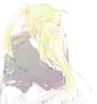  1girl black_shirt blonde_hair blush closed_eyes couple earrings edward_elric eyebrows_visible_through_hair fullmetal_alchemist hand_on_another's_head happy hetero hug jacket jewelry long_hair ponytail shirt simple_background smile tsukuda0310 white_background winry_rockbell 