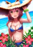  animal_ears bikini blue_bikini blush breasts cleavage collarbone ears_through_headwear eyebrows_visible_through_hair fate/grand_order fate_(series) fox_ears hat large_breasts long_hair looking_at_viewer navel open_mouth pink_hair smile solo soramame_tomu straw_hat sun_hat swimsuit tamamo_(fate)_(all) tamamo_no_mae_(fate) tamamo_no_mae_(swimsuit_lancer)_(fate) yellow_eyes 