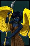  anthro black_hair blue_fur blue_nose breasts clothed clothing feathered_wings feathers feline female fur hair holding_object holding_weapon leopard mammal silvermoonfox smile weapon wings yellow_eyes yellow_feathers 