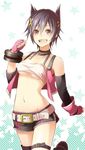  3nami73 belt black_hair blush breasts cleavage collarbone fingerless_gloves gloves god_eater god_eater_2:_rage_burst hair_ornament hairclip highres kouzuki_nana large_breasts looking_at_viewer navel open_mouth pink_gloves purple_eyes short_hair smile solo underboob x_hair_ornament 