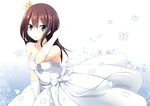  bangs bare_shoulders breasts brown_hair bug butterfly closed_mouth commentary_request crown dress elbow_gloves gloves green_eyes hand_in_hair idolmaster idolmaster_cinderella_girls insect long_hair looking_at_viewer medium_breasts mini_crown nagami_yuu petals shibuya_rin smile solo upper_body wedding_dress white_dress white_gloves 