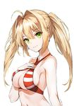 ahoge bikini_top blonde_hair breasts closed_mouth criss-cross_halter earrings fate/grand_order fate_(series) green_eyes hair_between_eyes hair_intakes halterneck jewelry large_breasts long_hair looking_at_viewer navel nero_claudius_(fate)_(all) nero_claudius_(swimsuit_caster)_(fate) simple_background smile solo striped_bikini_top swimsuit twintails white_background yumaomi 