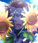  :d ^_^ animal_ears blue_sky bow bowtie closed_eyes cloud commentary common_raccoon_(kemono_friends) day facing_viewer fang flower gloves grey_hair hat highres kemono_friends makuran multicolored_hair open_mouth outdoors raccoon_ears raccoon_tail short_hair sky smile solo sun_hat sunflower tail 