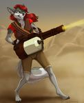  5_fingers anthro barefoot black_nose canine digitigrade dog female fur green_eyes grey_fur gun hair holding_object holding_weapon mammal ranged_weapon red_hair silvermoonfox smile solo teeth weapon 