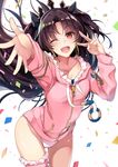  ;d ass_visible_through_thighs black_hair breasts collarbone commentary_request confetti contrapposto cowboy_shot eyebrows_visible_through_hair fate/grand_order fate_(series) floating_hair foreshortening fur-trimmed_legwear fur_trim groin hands_up highleg highleg_leotard hirai_yuzuki hood hood_down hoodie ishtar_(fate/grand_order) ishtar_(swimsuit_rider)_(fate) leotard long_hair long_sleeves looking_at_viewer one_eye_closed open_mouth outstretched_arm pink_legwear reaching reaching_out red_eyes simple_background single_thighhigh small_breasts smile solo standing thighhighs tiara two_side_up v very_long_hair white_background white_leotard wind 