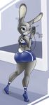  2016 anthro armwear big_butt big_ears bike_shorts black_fur blue_eyes bra butt cellphone clothed clothing conditional_dnp disney earbuds english_text female fluffy fluffy_tail footwear fur fur_markings furgonomics google grey_fur gym headphones hi_res huge_butt instagram judy_hopps lagomorph looking_back mammal markings mirror multicolored_fur phone pose presenting presenting_hindquarters rabbit rear_view selfie shorts solo sports_bra tail_clothing tattoo text thick_thighs tight_clothing underwear white_fur wide_hips xopachi zootopia 