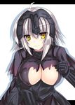  ahoge armor armored_dress bad_id bad_pixiv_id bangs black_gloves blush breasts capelet chain cleavage closed_mouth cowboy_shot eyebrows_visible_through_hair fate/grand_order fate_(series) gauntlets gloves hair_between_eyes headpiece jeanne_d'arc_(alter)_(fate) jeanne_d'arc_(fate)_(all) leaning_forward letterboxed looking_at_viewer medium_breasts ryokushiki_(midori-ya) short_hair simple_background smile solo white_background white_hair yellow_eyes 